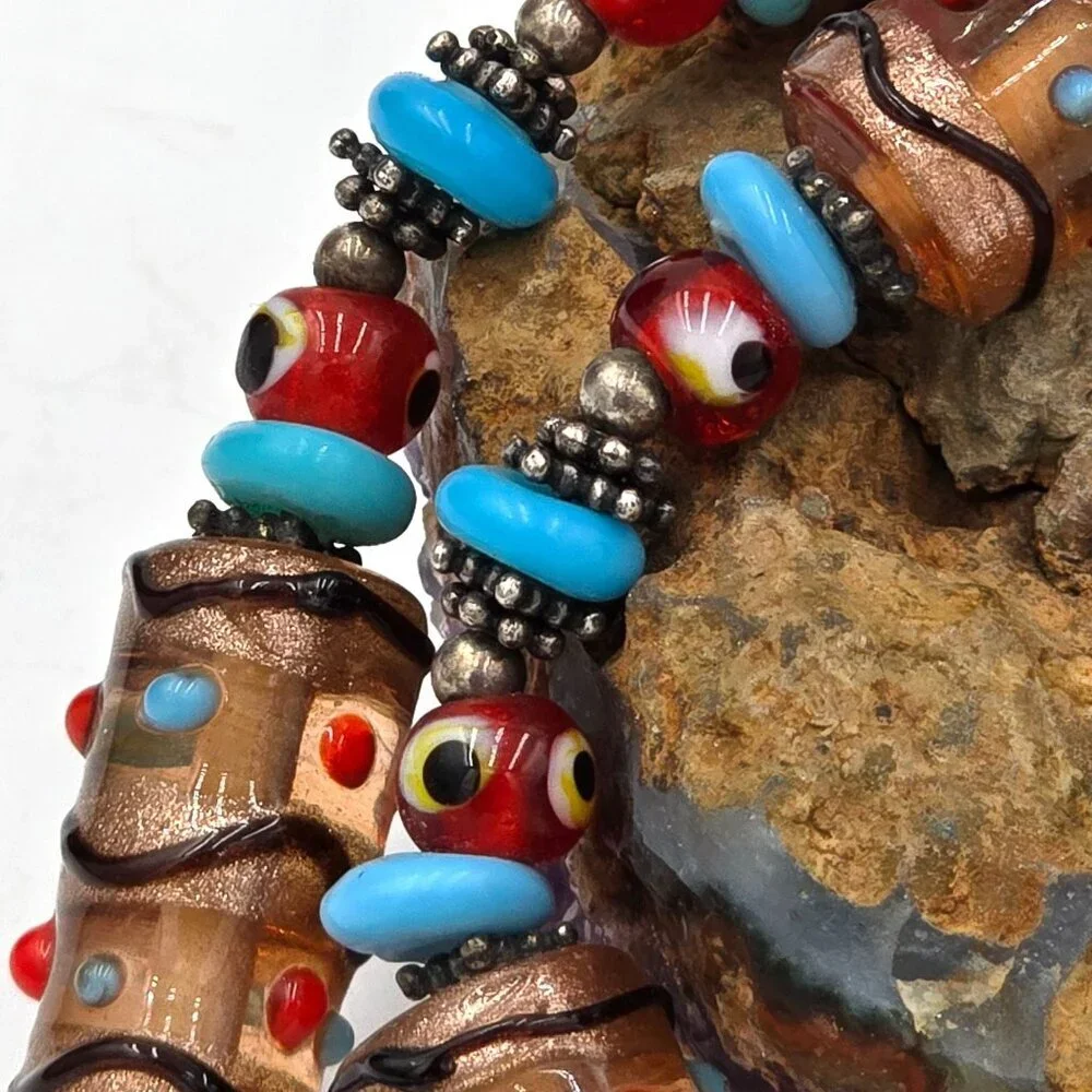 Vintage Handmade Boho Foil Glass Beaded 16" Necklace With Blue & Red Accents - Picture 5 of 9